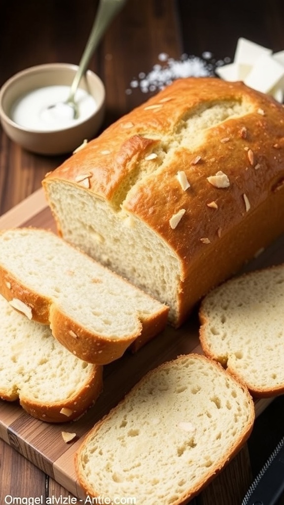 Sliced almond flour yogurt bread on a cutting board with yogurt and almond flour in the background.